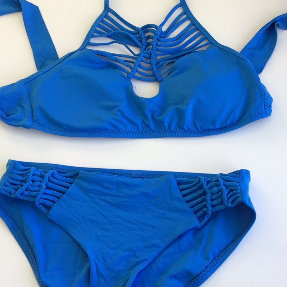 BECCA by Rebecca Virtue Blue halter Macrame Bikini